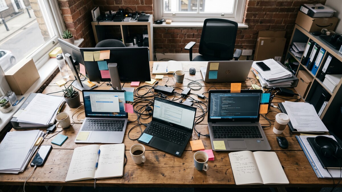 Cluttered small business desk with multiple laptops, cables, and sticky notes