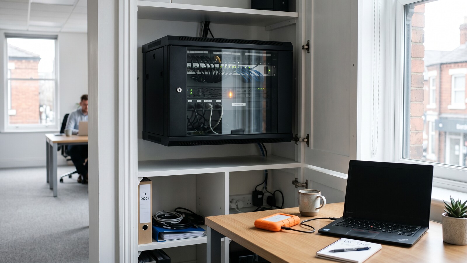 A small office server cabinet with a warning LED and a portable external backup drive on a tidy desk