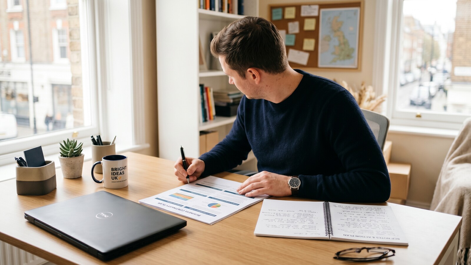 A UK small business owner reviewing a three-page stapled Business Continuity Plan document at a desk