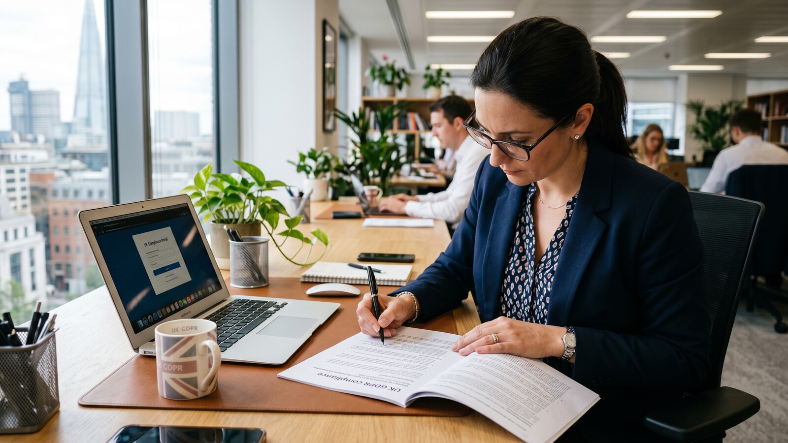 A UK professional at a desk reviewing a printed UK GDPR compliance document with a pen in hand