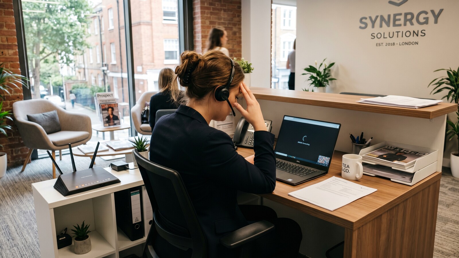 A small business reception area with a visible internet router showing flashing amber lights and a frustrated receptionist on a video call