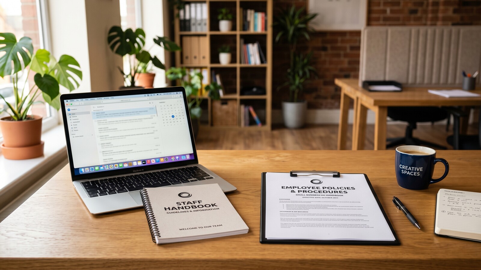 An HR-style policy document on a small business desk alongside a printed staff handbook and laptop