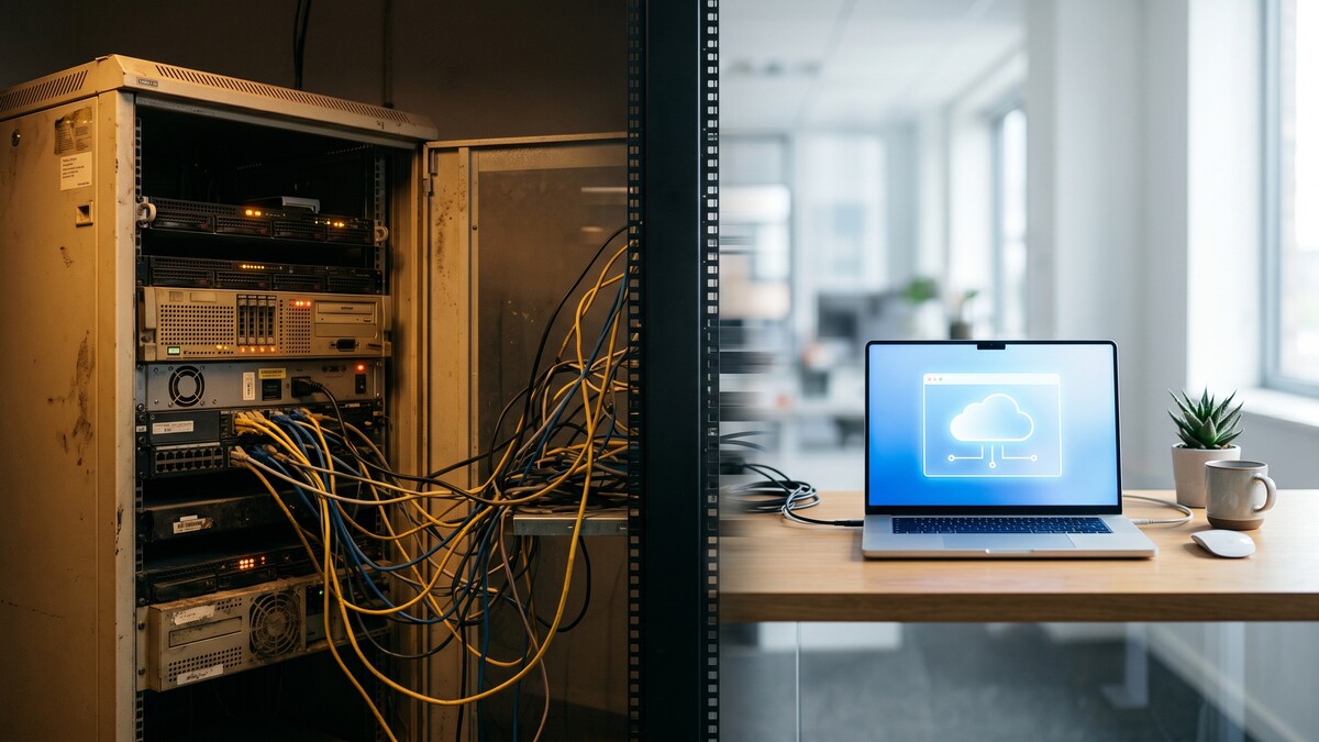 Split composition showing an ageing on-premise server rack on the left and a modern laptop with a cloud icon on the right, representing small business cloud migration
