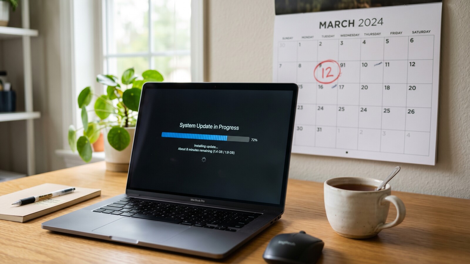 A laptop screen mid-update with a progress bar and a wall calendar in soft focus with a Tuesday circled