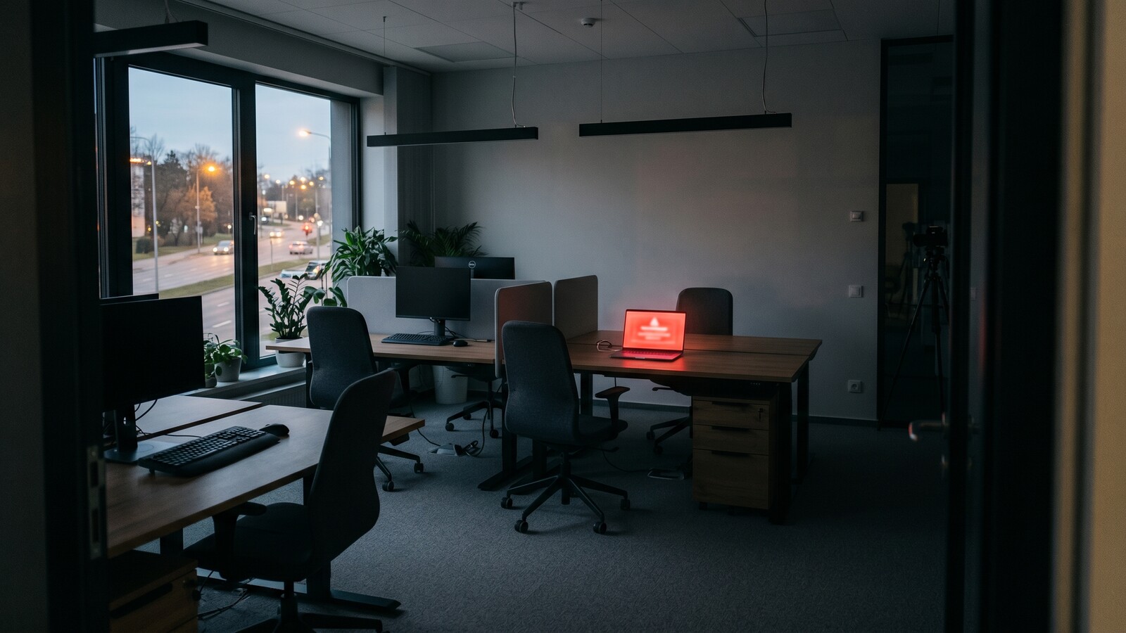 A dim office at end of day with a single laptop screen glowing red with a blurred warning message