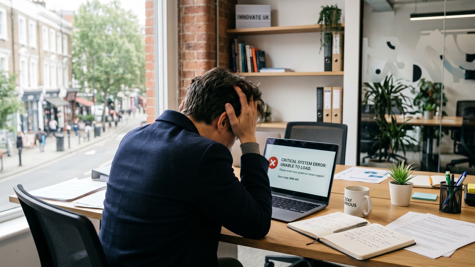 A frustrated small business owner at a desk staring at a laptop showing a system error