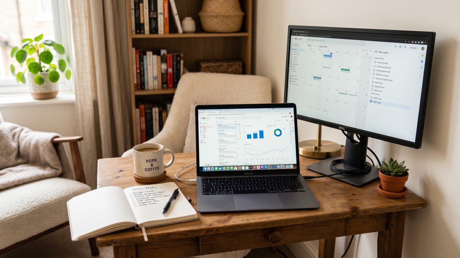 A tidy home-office setup with a laptop, external monitor and a handwritten numbered checklist in a notebook