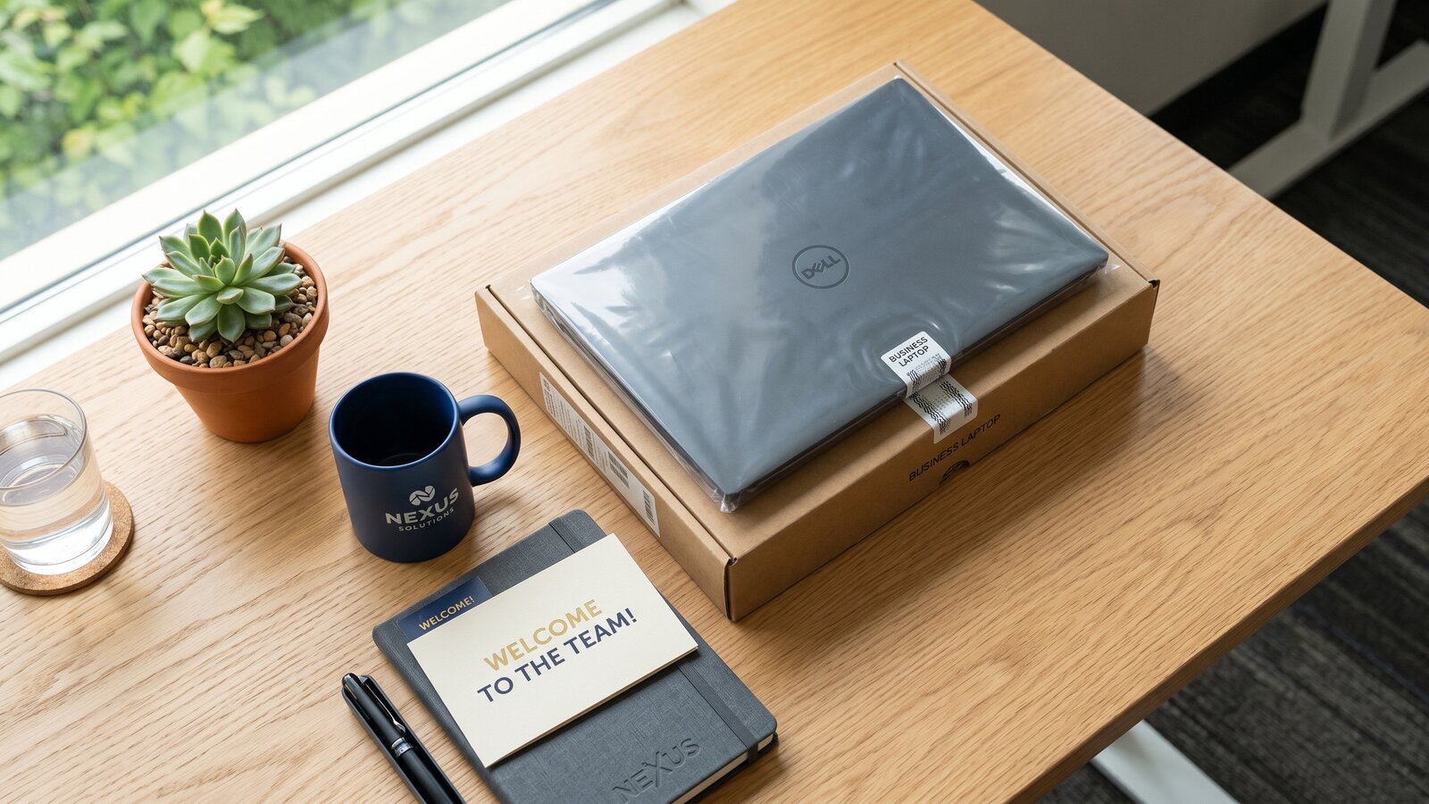 A brand-new unopened business laptop, branded mug, welcome card and notebook ready for an employees first day