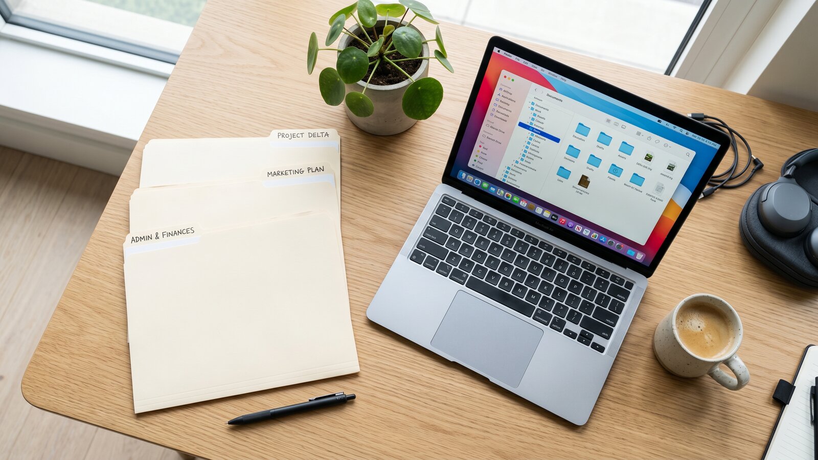 Flat-lay of a tidy desk with three labelled manila folders, a laptop showing a file tree and a coffee mug