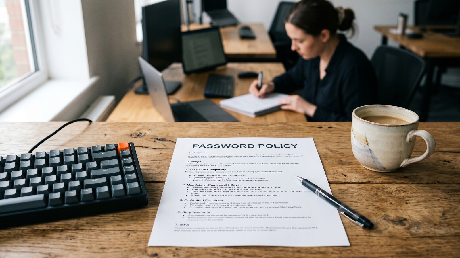 A printed Password Policy document on a wooden desk next to a keyboard and coffee mug