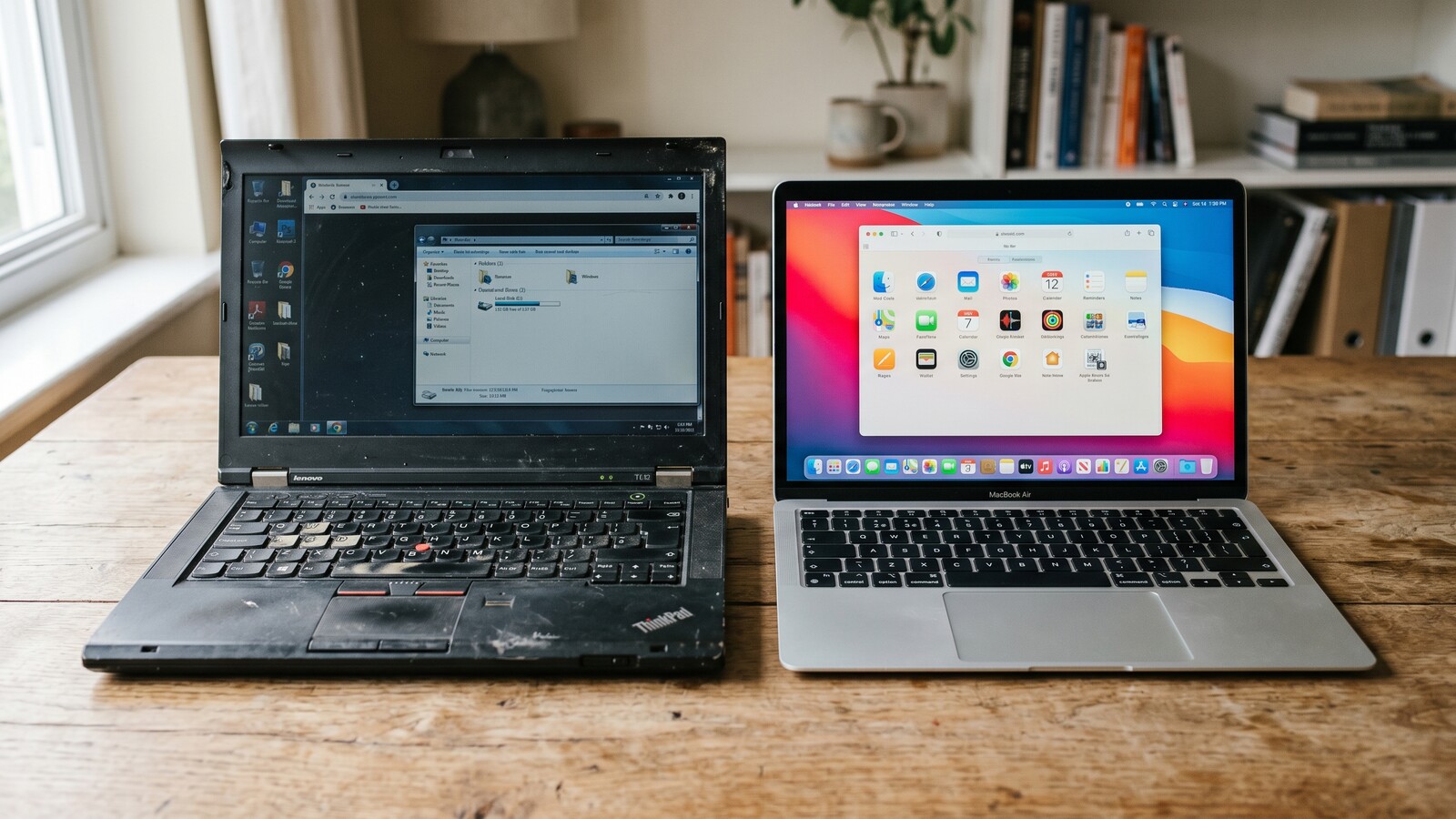 An older worn business laptop placed side by side with a brand new silver laptop on a wooden desk