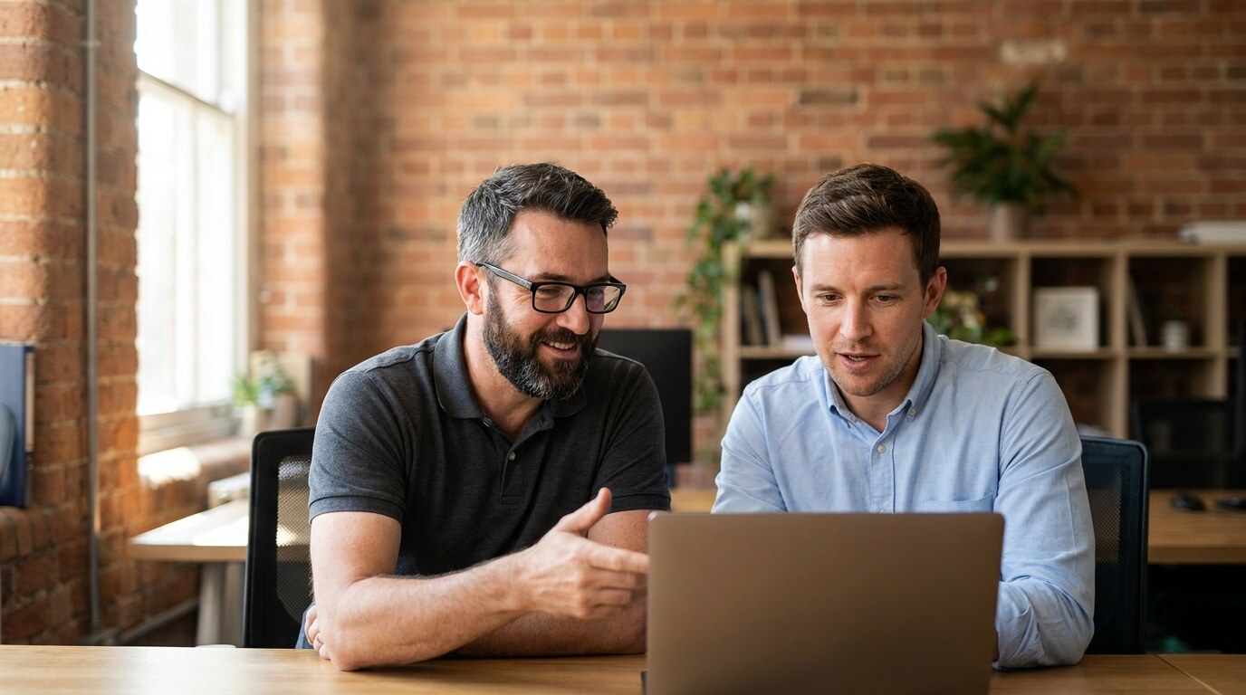 Trevor from ClearPath IT helping a small-business owner at their desk, pointing at a laptop screen