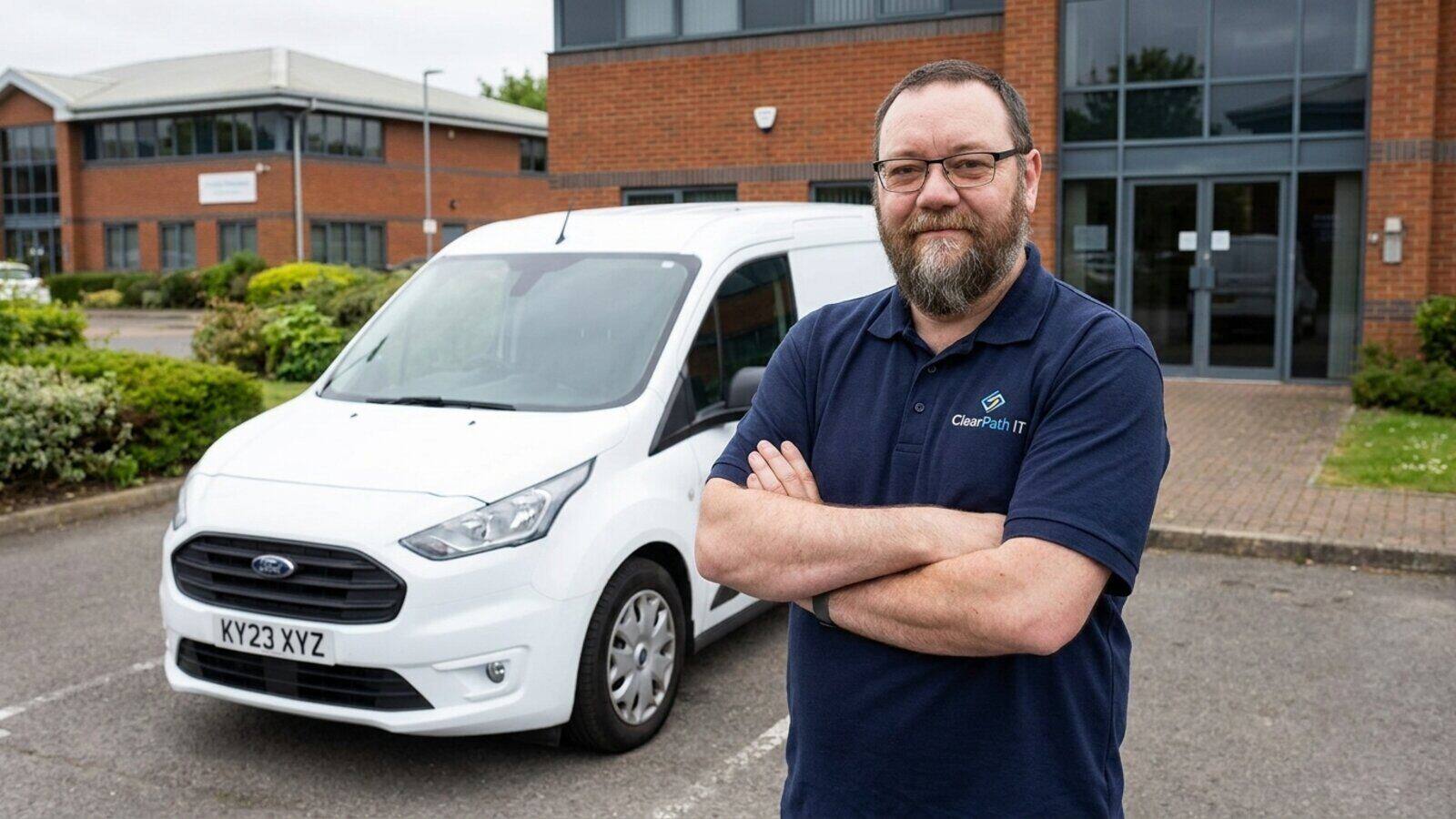 Trevor from ClearPath IT standing beside his work van in a Kent business park car park